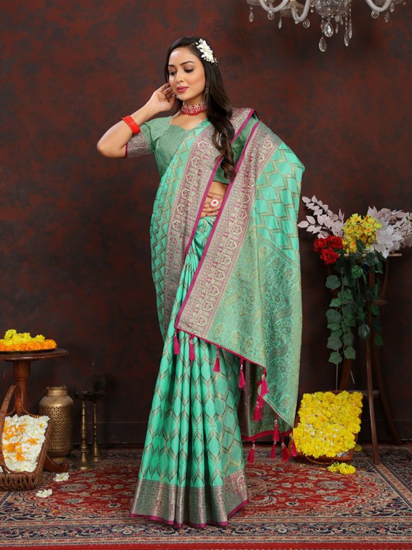 Lorenvalley Fashion Seagreen Soft Katan Silk Woven Design Rich Zari Weaving Pallu Saree Online Hot Sale