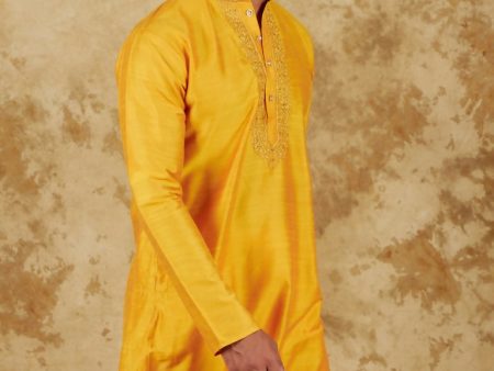 Bluesaanchi Men s Handloom Embroidered Yellow Kurta Set For Cheap