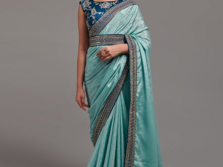 NOZ2TOZ Women Party Wear Premium Chinon Silk Saree with Unstitched Blouse - Sky Blue Supply