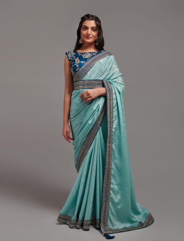 NOZ2TOZ Women Party Wear Premium Chinon Silk Saree with Unstitched Blouse - Sky Blue Supply