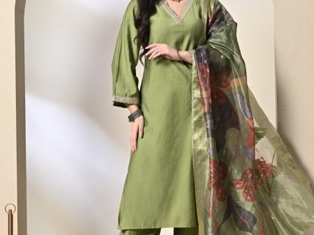 Myshka Women s Embroidered V-Neck Bell Sleeves Kurta & Salwar With Printed Dupatta Sets in Green Color Sale