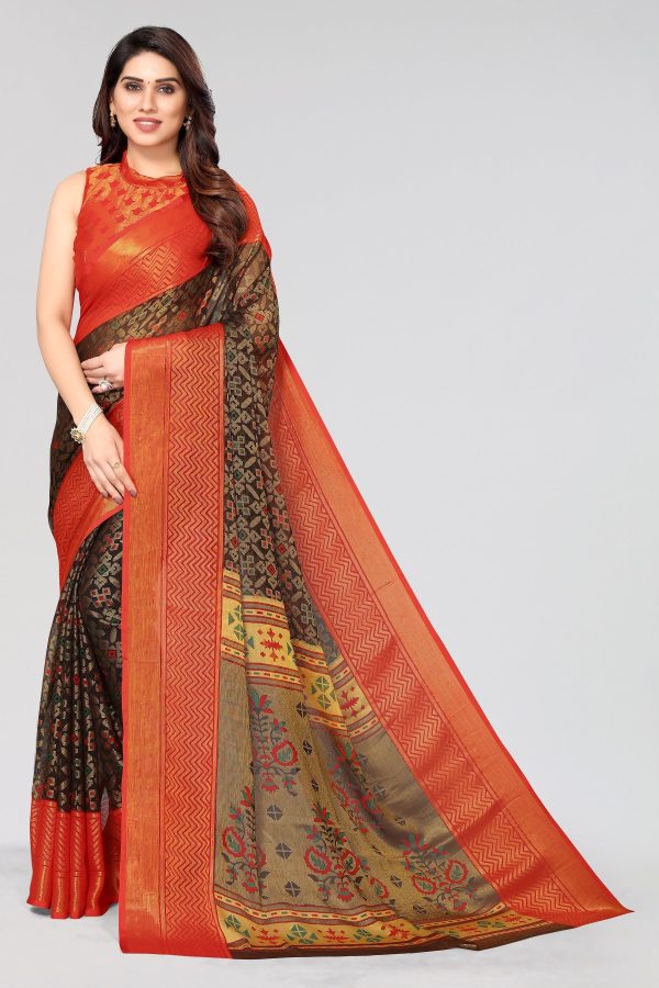 NOZ2TOZ Women Party Wear Printed Brasso Chiffon Saree with Unstitched Blouse - Black Online now