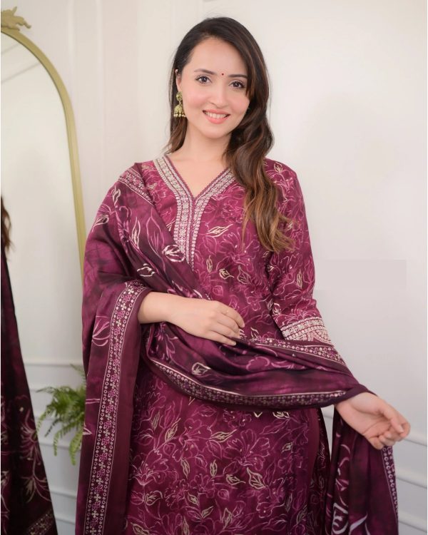 Indian Fashion Women Wine Embroidery Viscose Rayon Kurta, Pant And Dupatta Set Online