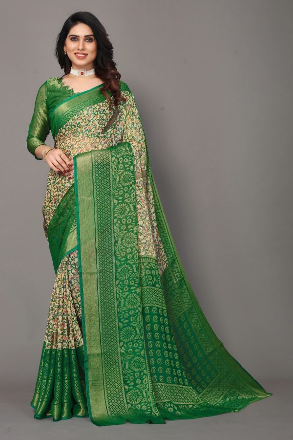 NOZ2TOZ Women Party Wear Printed Brasso Chiffon Saree with Unstitched Blouse - Green Online Hot Sale