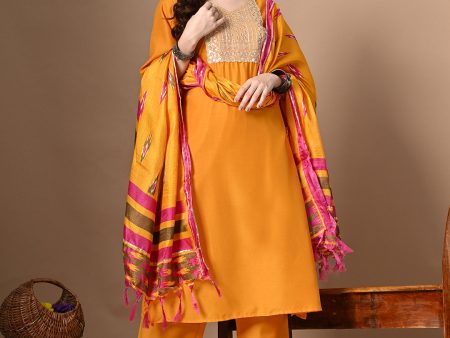 Myshka Women s Embroidered V-Neck Bell Sleeves Kurta & Palazzos With Printed Dupatta Sets in Yellow Color Online now