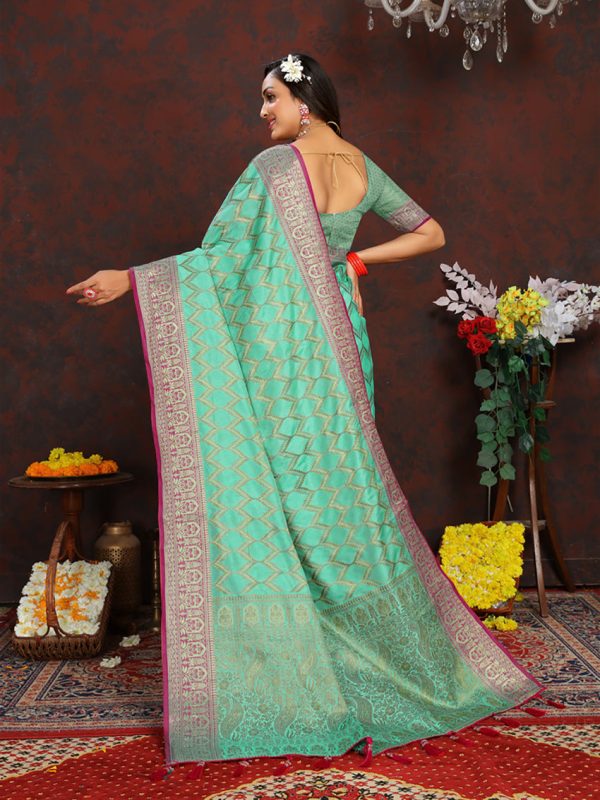 Lorenvalley Fashion Seagreen Soft Katan Silk Woven Design Rich Zari Weaving Pallu Saree Online Hot Sale