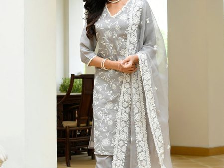 Vaasva Women Grey Linen Embroidered Solid Kurta Set With Solid Pants & Chiffon Embroidered Dupatta Online now