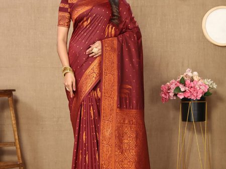 Lorenvalley Fashion Maroon Soft Silk Copper Zari weaving Design Saree For Sale