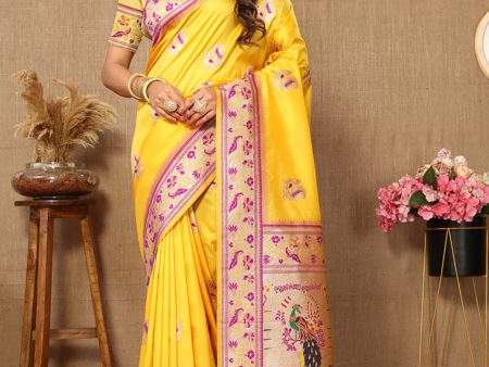 Lorenvalley Fashion Yellow Soft Paithani Silk Woven Design Rich Meenakari Zari Weaving Pallu Saree Supply