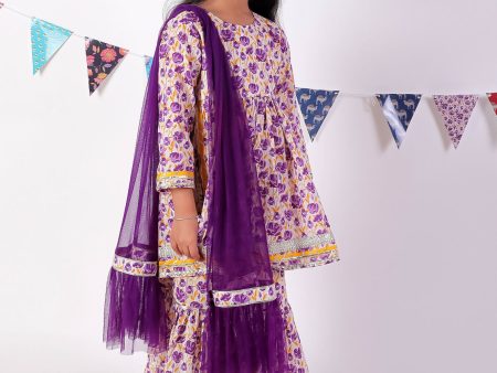 Lil Drama Jaipur Print Stylish Cotton Kurta with Sharara and Net Dupatta Set for Girls - Lavender Cheap