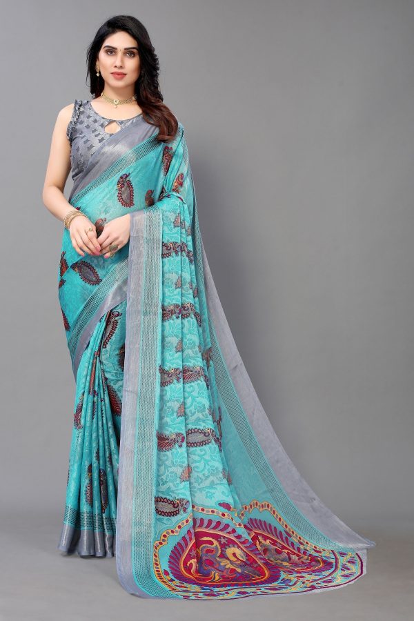 NOZ2TOZ Women Party Wear Printed Brasso Chiffon Saree with Unstitched Blouse - Firozi Online Sale