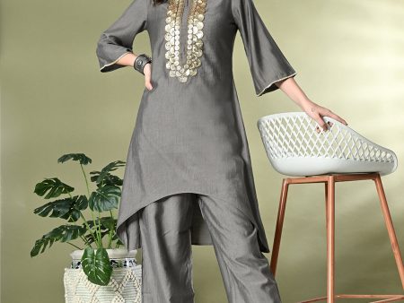 Myshka Women s Embroidered Keyhole Neck Bell Sleeves Kurta & Palazzos Sets in Grey Color Sale