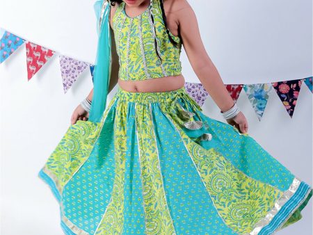 Lil Drama Jaipur Print Stylish Cotton Lehanga with Choli and Net Dupatta Set for Girls - Green Online Sale