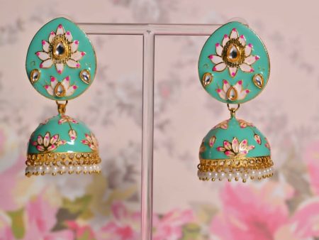 Sea Green Ethnic Enamel Meenakari Jhumki Earrings By House of Ree Hot on Sale