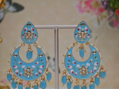 Blue Gold Plated Brass & Pearl Dangle Women Earrings| Hand Painted Meenakari Chandbali Traditional Ethnic Wear Earrings By House of Ree For Sale