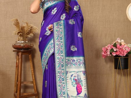 Lorenvalley Fashion Blue Soft Paithani Silk Woven Design Rich Meenakari Zari Weaving Pallu Saree Online Hot Sale