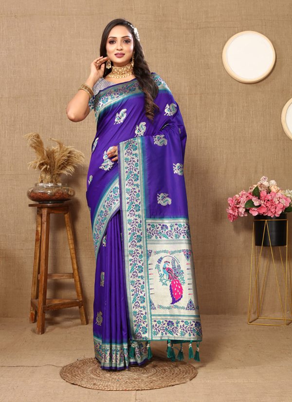 Lorenvalley Fashion Blue Soft Paithani Silk Woven Design Rich Meenakari Zari Weaving Pallu Saree Online Hot Sale