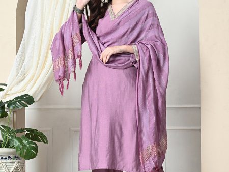 Myshka Women s Embroidered V-Neck Bell Sleeves Kurta & Salwar With Dupatta Sets in Lavender Color For Sale