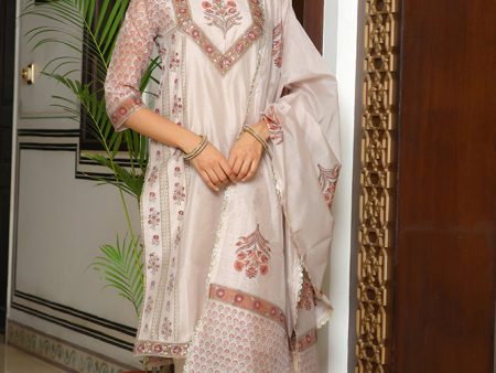 Vaasva Women Grey Chanderi Block Printed Embroidered Kurta Set With Solid Pants & Dupatta Supply