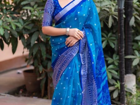 Blue Jute Silk Ethnic Motifs Saree with Unstitched Blouse - A2M on Sale