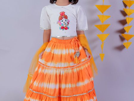 Lil Drama Janmashtami Girls Orange Lehanga and White Choli with Dupatta Ethnic Set Cheap