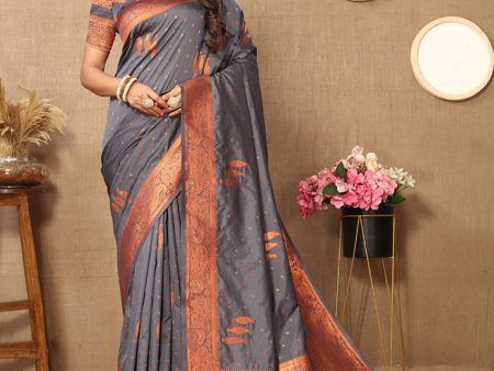 Lorenvalley Fashion Grey Soft Silk Copper Zari weaving Design Saree For Sale