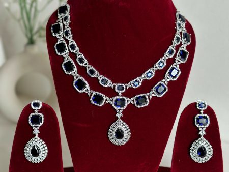 Royal Blue American Diamond Two Layer Elegent Necklace Set With Earrings By House of Ree Online Hot Sale