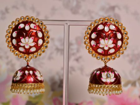 Maroon Round Shape Ethnic Meenakari Jhumki Earrings By House of Ree Sale