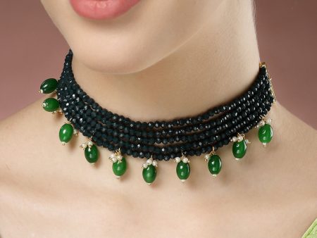 NVR Women s Green Artificial Beads Layered Necklace with Drop Earring Online now