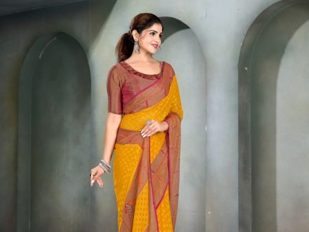 NOZ2TOZ Women Casual Wear Printed Brasso Silk Saree with Unstitched Blouse - Yellow For Sale