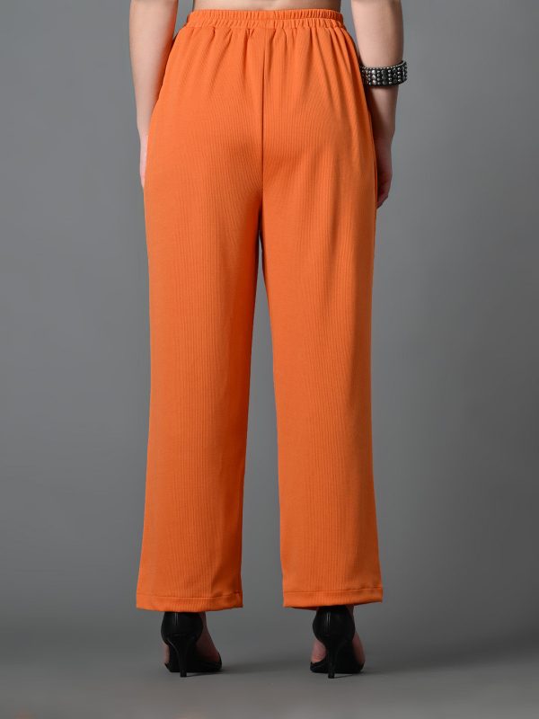 Myshka Women s Solid Ribbed High-Rise Wide Leg Casual Trousers in Orange Color Supply