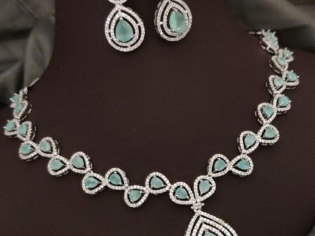 Mint Green Partywear American Diamond Necklace Set By House of Ree For Discount