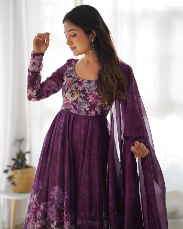 Lorenvalley Fashion Women Pure Soft Organza Silk Floral Print Fully Flair Anarkali With Pent Dupatta Set - Wine For Discount