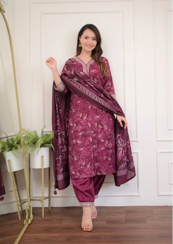 Indian Fashion Women Wine Embroidery Viscose Rayon Kurta, Pant And Dupatta Set Online