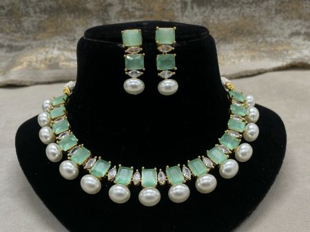 Sea Green Partywear American Diamond Necklace Set For Women By House of Ree Online Hot Sale