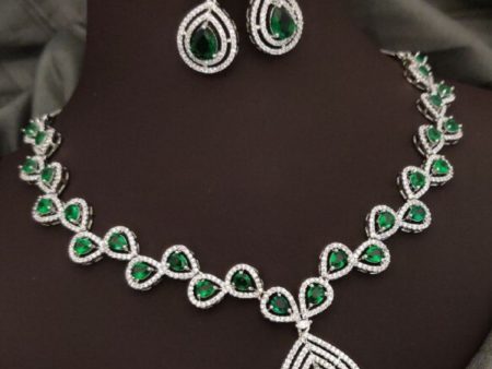 Green Partywear American Diamond Necklace Set By House of Ree Hot on Sale