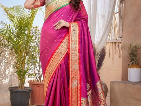 NOZ2TOZ Women Wedding Wear Zari Weaving Paithani Silk Saree with Unstitched Blouse - Pink Supply