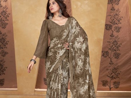 NOZ2TOZ Women Casual Wear Printed Weight Less Saree with Unstitched Blouse - Beige Discount