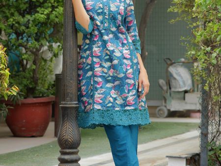 Vaasva Women Cyan Embroidered Printed Kurta Set With Laced Solid Pants Online Sale