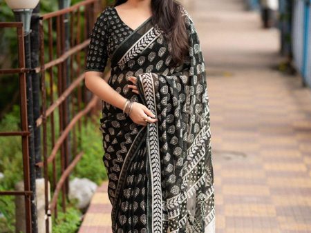 Black Poly Georgette Ajrak Saree with Unstitched Blouse - A2M on Sale