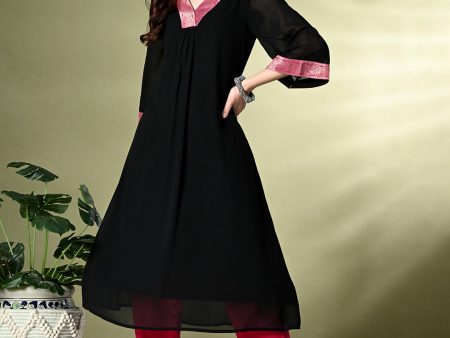 Myshka Women s Georgette Solid A-Line Kurta in Black Color on Sale