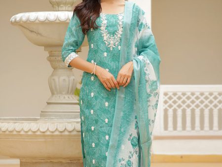 Vaasva Women Green Linen Kurta Embroidered Kurta Set With Solid Pants & Dupatta Online Sale