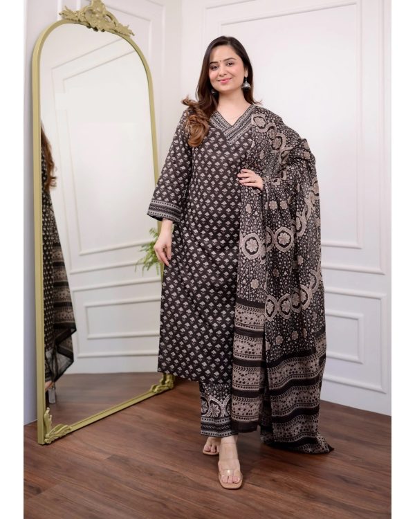 Indian Fashion Women Black Embroidery Viscose Rayon Kurta, Pant And Dupatta Set For Discount