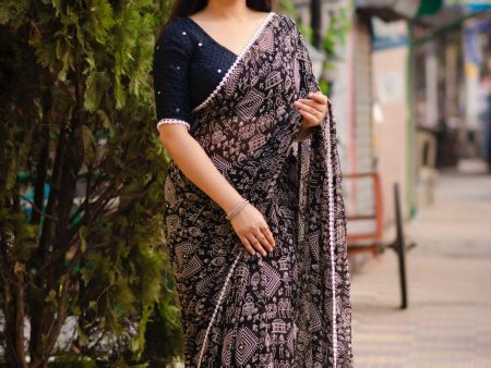 Black Poly Georgette Ethnic Motifs Saree with Unstitched Blouse - A2M Supply