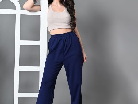 Myshka Women s Solid Ribbed High-Rise Wide Leg Casual Trousers in Navy Blue Color Discount