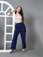 Myshka Women s Solid Ribbed High-Rise Wide Leg Casual Trousers in Navy Blue Color Discount