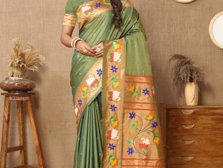 Lorenvalley Fashion Olive Soft Paithani Silk Woven Design Rich Zari Meenakari Weaving Saree Discount