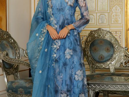 Vaasva Women Blue Embroidered Anarkali Kurta With Solid Pant & Dupatta For Cheap