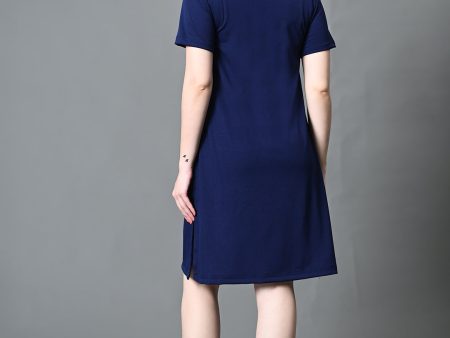 Myshka Women s Collared Neck Short Sleeves Ribbed A-Line Dress in Navy Blue Color Online now