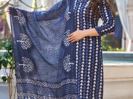 NOZ2TOZ Women Blue Printed Pure Cotton Kurta, Pant And Dupatta Set For Discount